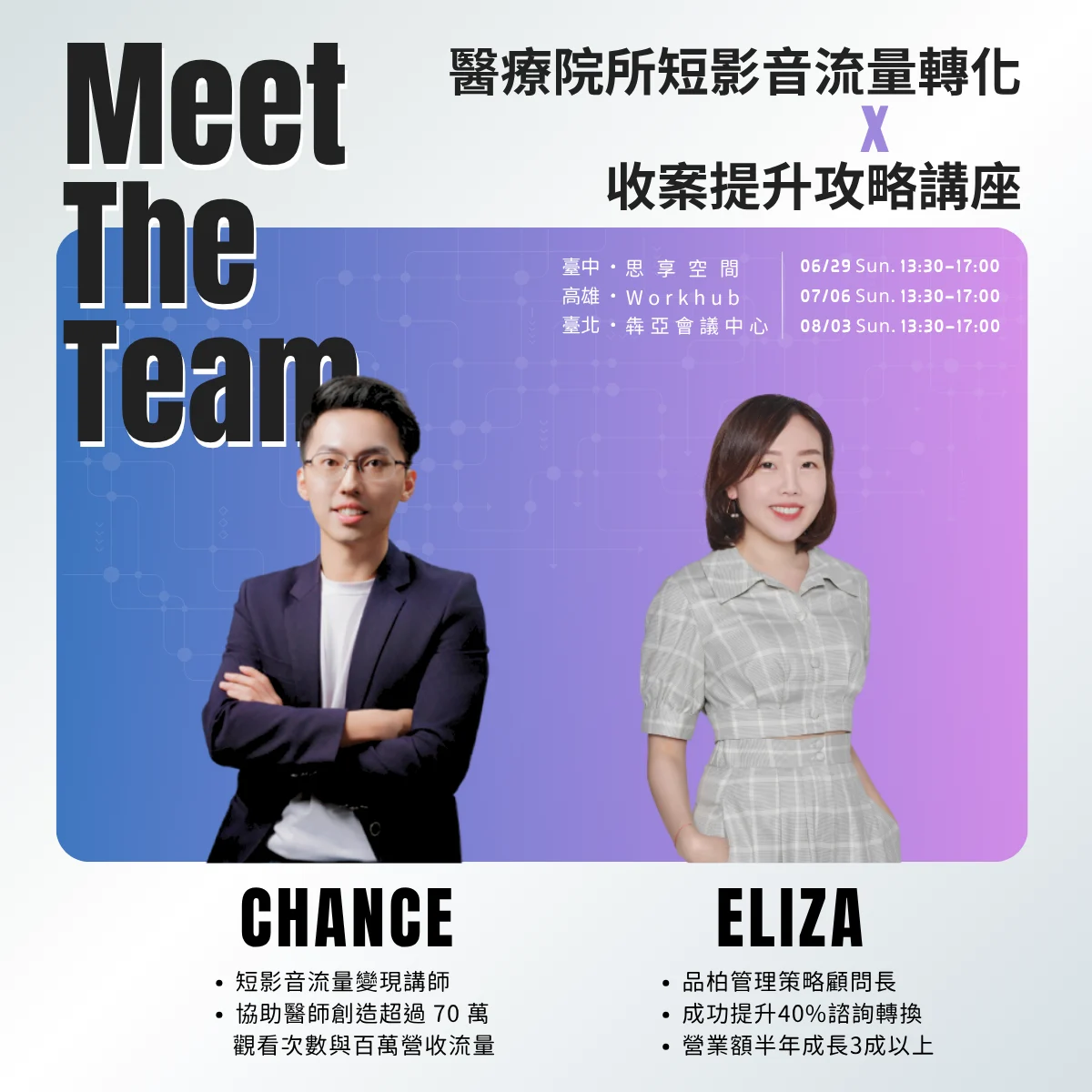 結合「短影音 × 醫療管理」的雙主題講座,從行銷與管理雙視角分享,如何提升轉換與收案成效——揭密爆款短影音企劃、掌握流量密碼,搭配精準管理,讓服務到位、不再漏接案!臺北場也邀請到牙周微創專家 楊倚弦醫師,親身分享經營短影音的成果!
「流量製造所所長」Chance
擁有行銷及電商背景
透過短影音協助醫師創造超過 70 萬觀看次數與百萬營收
僅用 1 支影片幫助醫師達成1000單客戶、創造百萬收益!
素人起步 6 個月靠自媒體變現破百萬!讓我們陪伴你站穩趨勢先機!
「品柏醫療管理顧問長」Eliza
「吸引靠行銷・留住靠制度」
協助醫療院所成功提升 40% 諮詢轉換率
將告訴你管理制度如何配套,才算完成行銷轉換的三大關鍵!
➤ 平時我們很習慣觀看短影音,你曾經想過借勢加乘,讓工具為己所用嗎?
還在猶豫是否要投入經營?
想知道經營短影音效果如何?可能為院所增加收入嗎?
想讓診所知名度更上一層樓,但是遇到瓶頸?
想開始長久經營院所或個人專業品牌?
創造流量以後,院所收案的配套策略如何建立?
與其停留在思考階段沒有答案或自行摸索,
品柏希望邀請你——親自來參與講座,與講師交流獲得解答。
➤ 協助醫師創造破 70 萬觀看次與百萬營收的流量製造所所長 Chance,將在講座上告訴你:
為什麼應該現在開始經營短影音?
短影音爆款企劃與定位如何操作?
流量絕不僅是躺在社群裡的虛擬數字與支持,懂得後續轉換與變現,更是關鍵重點!