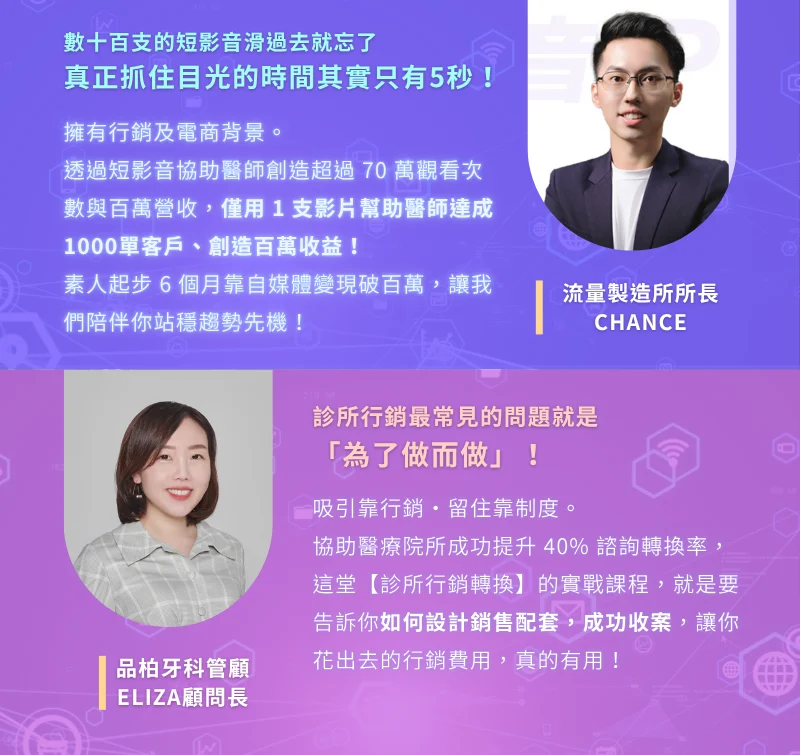 擁有行銷及電商背景。透過短影音協助醫師創造超過 70 萬觀看次數與百萬營收,僅用 1 支影片幫助醫師達成1000單客戶、創造百萬收益!素人起步 6 個月靠自媒體變現破百萬,讓我們陪伴你站穩趨勢先機! 吸引靠行銷・留住靠制度。協助醫療院所成功提升 40% 諮詢轉換率,這堂【診所行銷轉換】的實戰課程,就是要告訴你如何設計銷售配套,成功收案,讓你花出去的行銷費用,真的有用!
